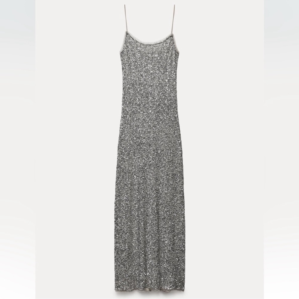 Zara Silver Sequin Spaghetti-Strap Dress